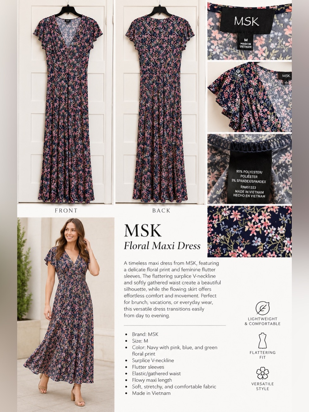 MSK Navy Floral Maxi Dress Size M Flutter Sleeve V-Neck Stretch
